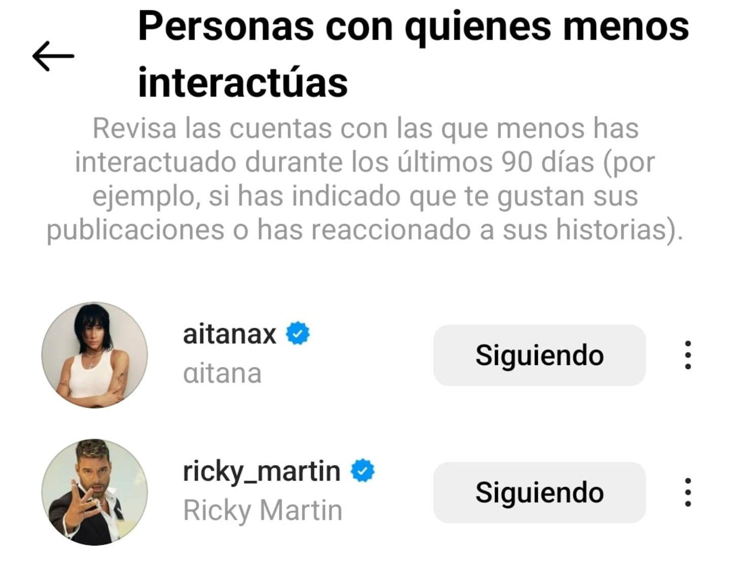 Listado de personas con las que menos interactúas